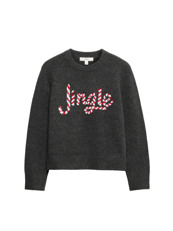 Marks & Spencer Zdobený sveter ku krku s nápisom a s vlnou Marks & Spencer sivá