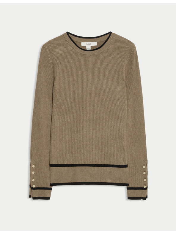 Marks & Spencer Rebrovaný sveter s výstrihom ku krku s kontrastnými detailmi Marks & Spencer hnedá