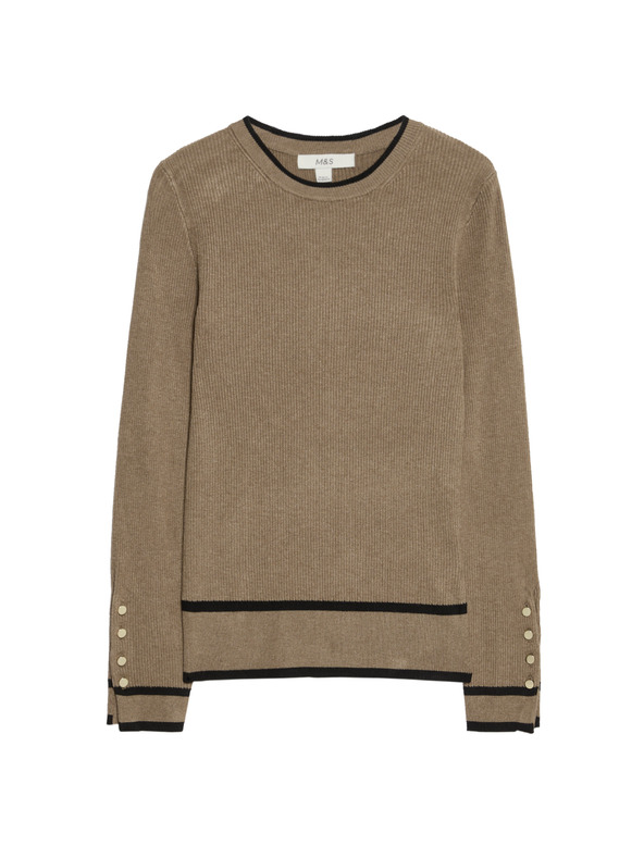 Marks & Spencer Rebrovaný sveter s výstrihom ku krku s kontrastnými detailmi Marks & Spencer hnedá