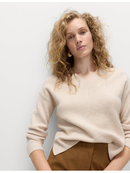 Marks & Spencer Rebrovaný voľný sveter s výstrihom do V Marks & Spencer béžová