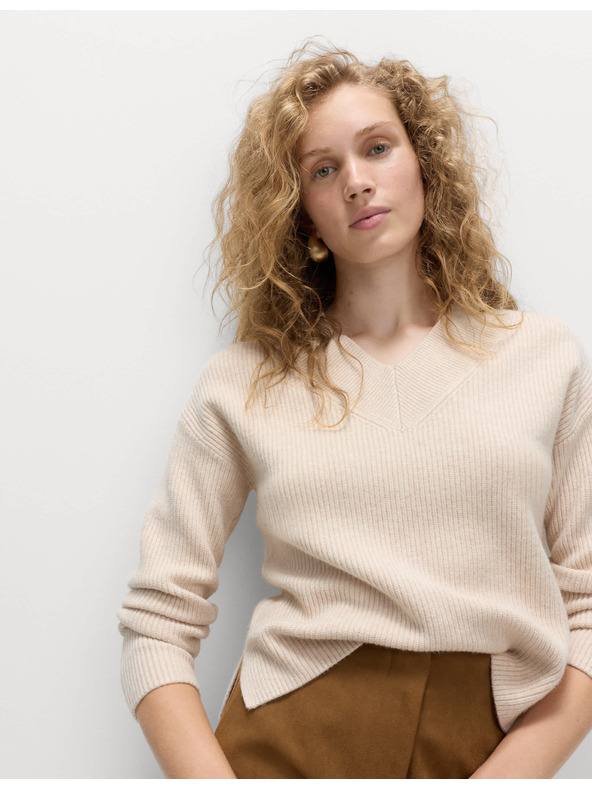 Marks & Spencer Rebrovaný voľný sveter s výstrihom do V Marks & Spencer béžová