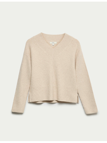 Marks & Spencer Rebrovaný voľný sveter s výstrihom do V Marks & Spencer béžová