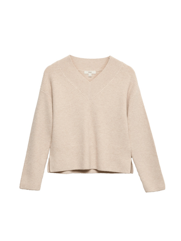 Marks & Spencer Rebrovaný voľný sveter s výstrihom do V Marks & Spencer béžová