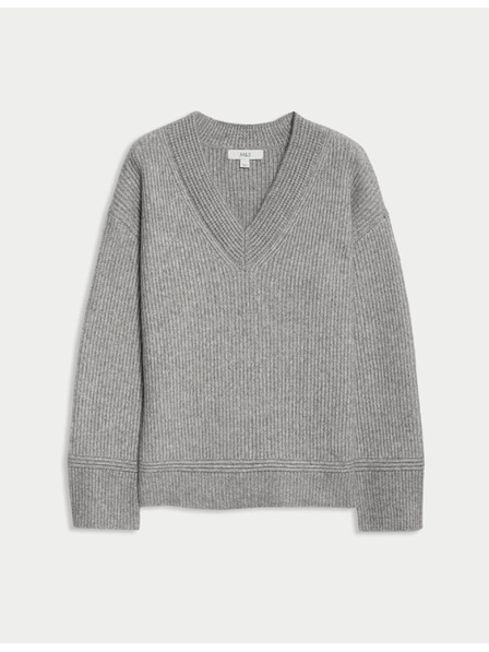 Marks & Spencer Rebrovaný sveter s výstrihom do V z mäkkej priadze Marks & Spencer šedá