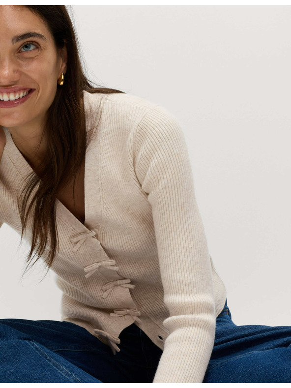 Marks & Spencer Kardigán s výstrihom do V, ozdobnou mašľou a rebrovaním Marks & Spencer béžová