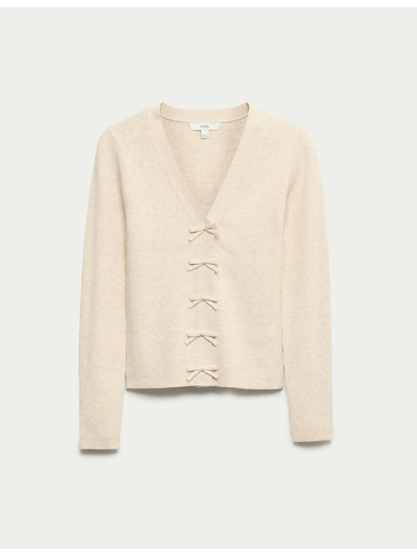 Marks & Spencer Kardigán s výstrihom do V, ozdobnou mašľou a rebrovaním Marks & Spencer béžová