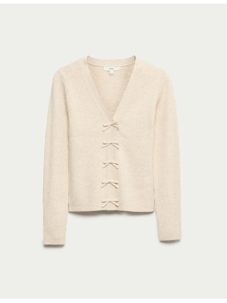 Marks & Spencer Kardigán s výstrihom do V, ozdobnou mašľou a rebrovaním Marks & Spencer béžová