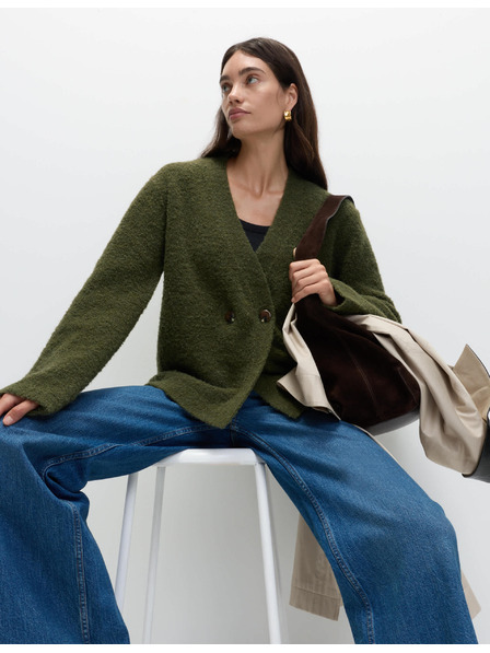 Marks & Spencer Kardigán z bukle, s gombíkmi na prednej strane a výstrihom do V, s obsahom vlny Marks & Spencer zelená