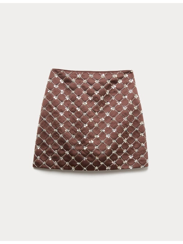 Marks & Spencer Zdobená saténová mini sukňa áčkového strihu Marks & Spencer hnedá
