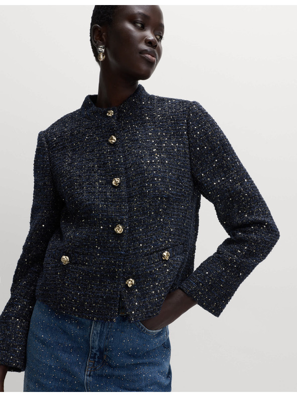 Marks & Spencer Trblietavý tvídový blejzer bez goliera, s podielom vlny Marks & Spencer námorná modrá