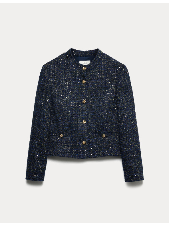 Marks & Spencer Trblietavý tvídový blejzer bez goliera, s podielom vlny Marks & Spencer námorná modrá