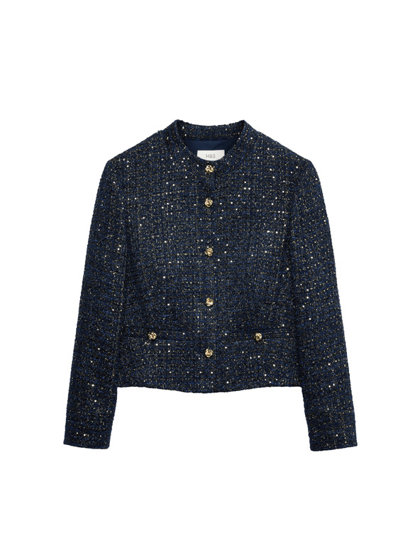 Marks & Spencer Trblietavý tvídový blejzer bez goliera, s podielom vlny Marks & Spencer námorná modrá