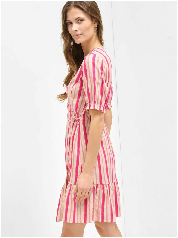 Orsay Ružové pruhované zavinovacie ľanové šaty ORSAY
