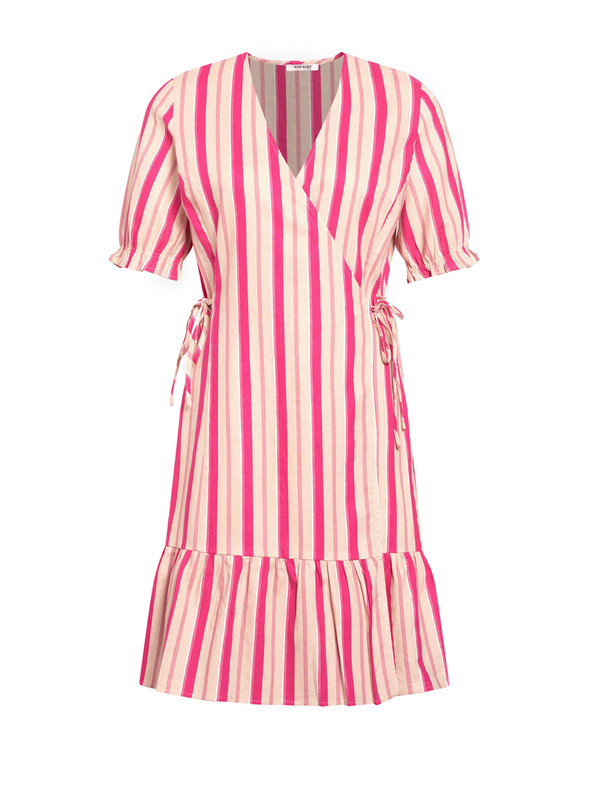 Orsay Ružové pruhované zavinovacie ľanové šaty ORSAY