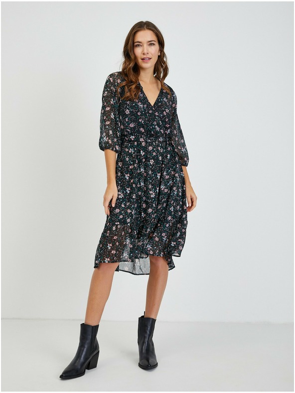 Orsay Čierne dámske kvetinové šaty s viazaním ORSAY