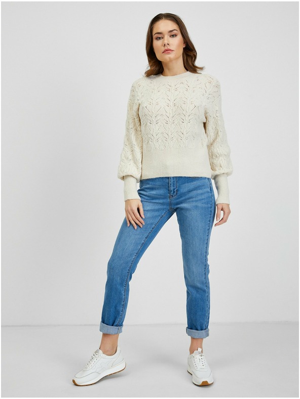 Orsay Krémový dámsky vzorovaný sveter s balónovými rukávmi ORSAY