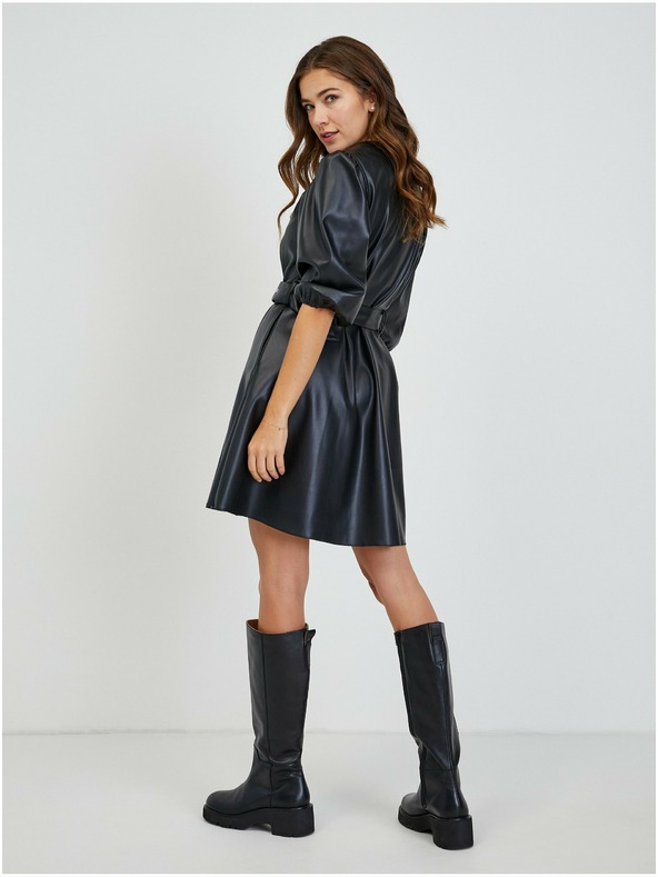 Orsay Čierne dámske koženkové šaty s opaskom ORSAY