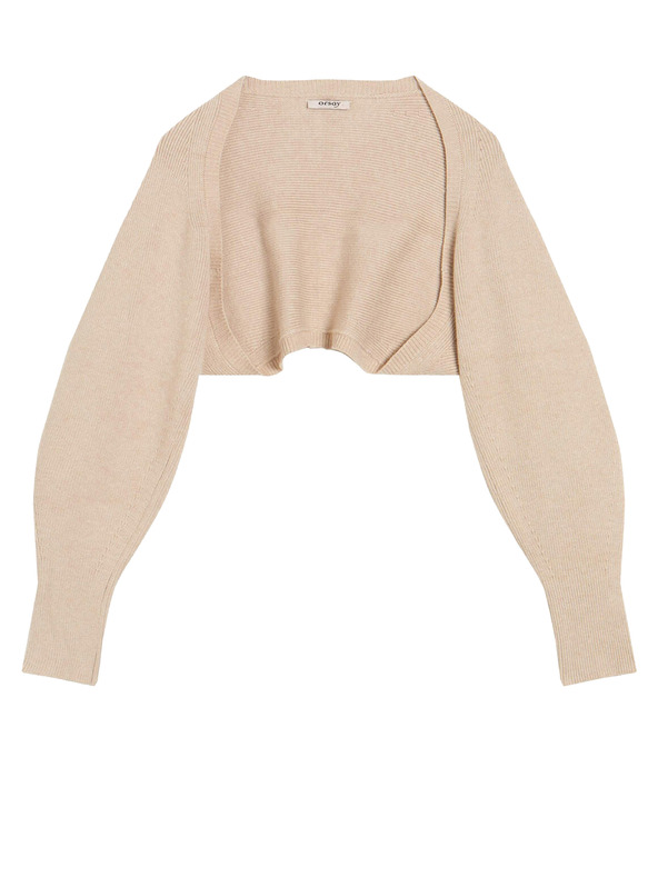 Orsay Béžový rebrovaný krátky kardigán s balónovými rukávmi ORSAY