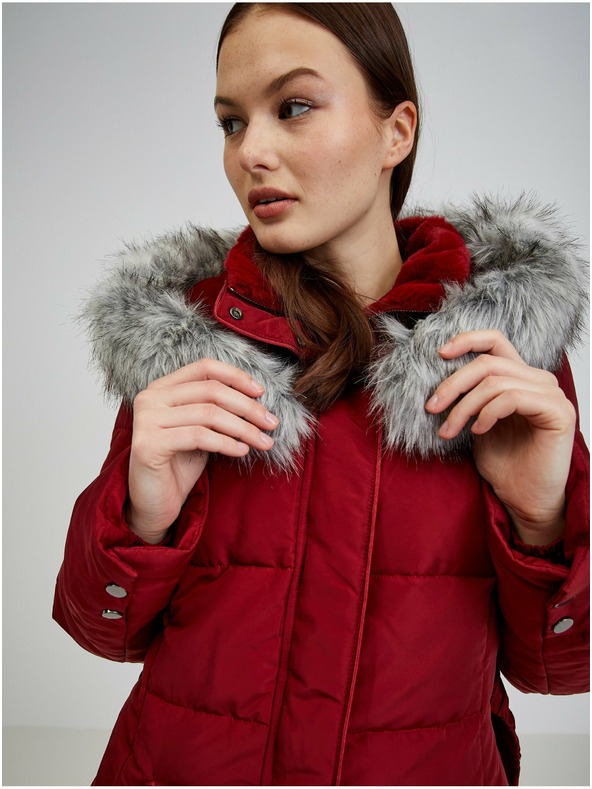 Orsay Bordový dámsky páperový kabát s kapucňou a umelou kožušinou ORSAY