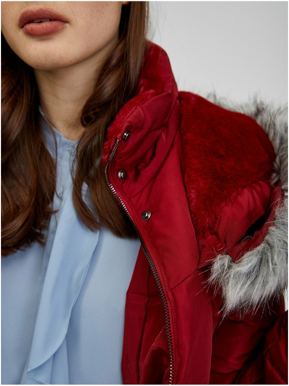 Orsay Bordový dámsky páperový kabát s kapucňou a umelou kožušinou ORSAY