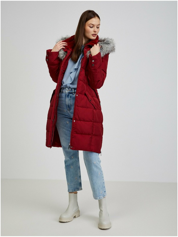 Orsay Bordový dámsky páperový kabát s kapucňou a umelou kožušinou ORSAY