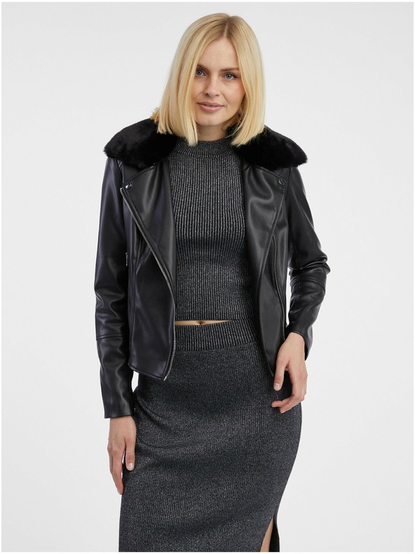 Orsay Čierna dámska koženková bunda s umelým kožúškom ORSAY