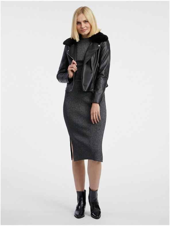 Orsay Čierna dámska koženková bunda s umelým kožúškom ORSAY