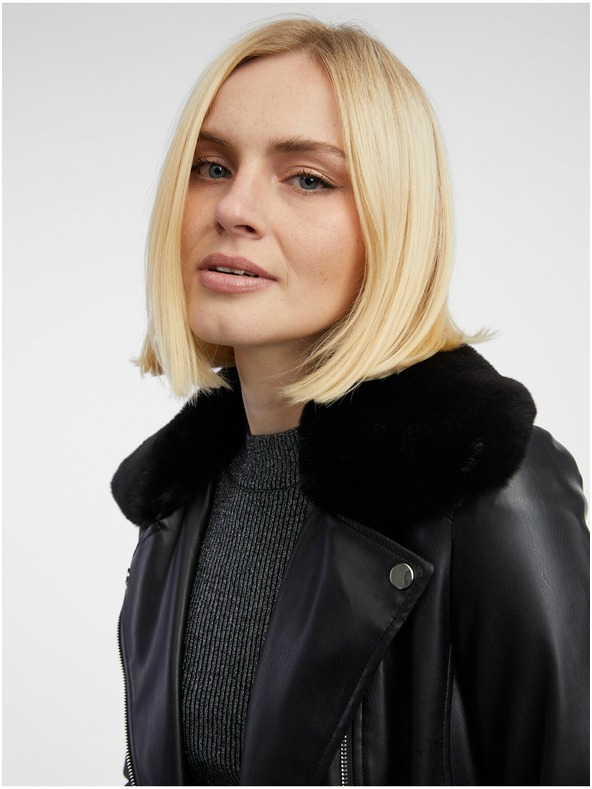 Orsay Čierna dámska koženková bunda s umelým kožúškom ORSAY