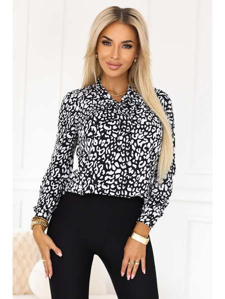numoco Obchodná blúzka s dlhým rukávom a zaväzovaním vpredu - čierno-biely vzor