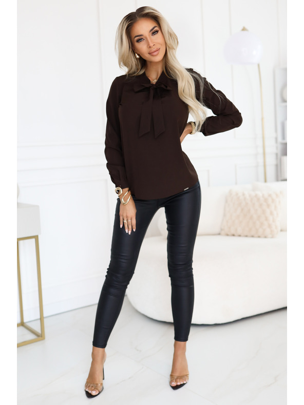 numoco Obchodná blúzka s dlhým rukávom a zaväzovaním vpredu - čokoládová