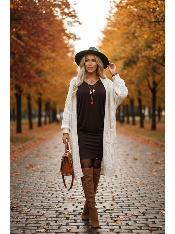 numoco Pohodlné netopierové šaty s dlhým rukávom - čokoládové