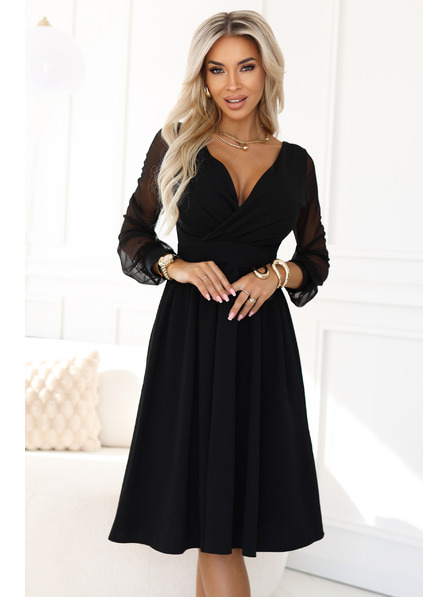 numoco Elegantné midi šaty so zavinovacím výstrihom a tylových rukávov - čierne