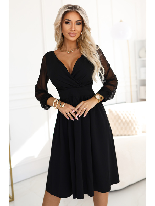 numoco Elegantné midi šaty so zavinovacím výstrihom a tylových rukávov - čierne