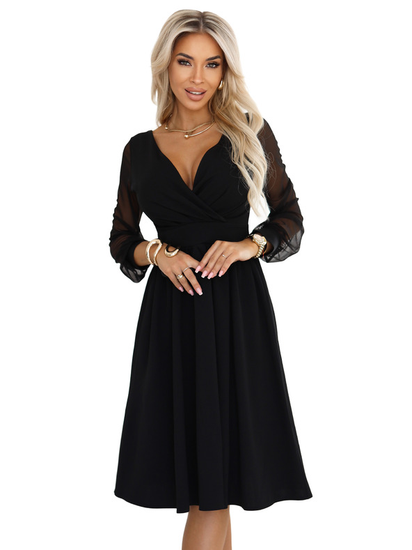 numoco Elegantné midi šaty so zavinovacím výstrihom a tylových rukávov - čierne