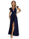 numoco Elegantné maxi šaty s volánmi, hlbokým výstrihom a rozparkom na nohavici - tmavomodré