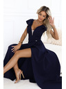 numoco Elegantné maxi šaty s volánmi, hlbokým výstrihom a rozparkom na nohavici - tmavomodré