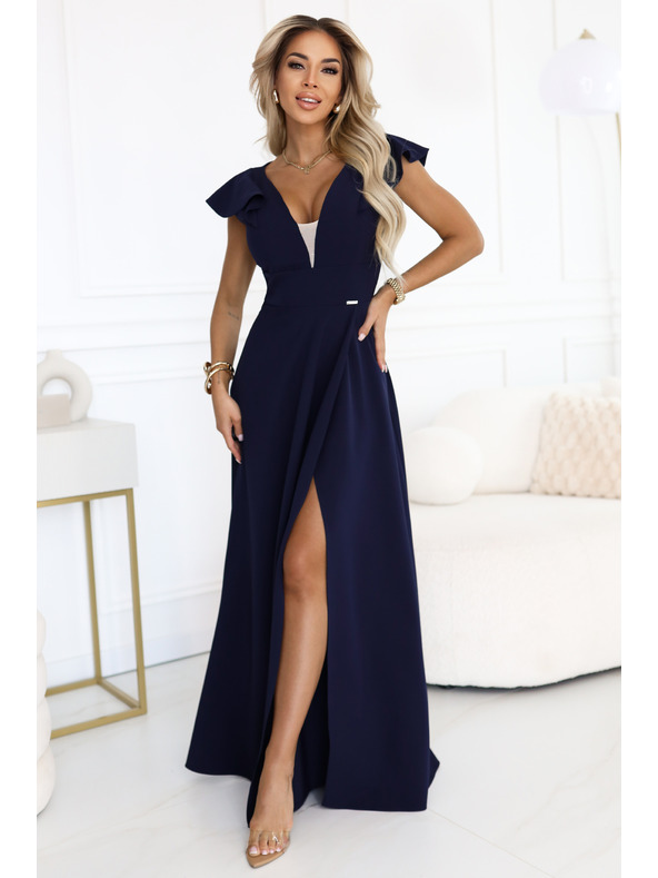 numoco Elegantné maxi šaty s volánmi, hlbokým výstrihom a rozparkom na nohavici - tmavomodré
