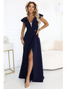 numoco Elegantné maxi šaty s volánmi, hlbokým výstrihom a rozparkom na nohavici - tmavomodré
