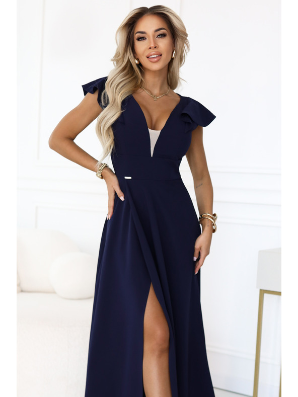 numoco Elegantné maxi šaty s volánmi, hlbokým výstrihom a rozparkom na nohavici - tmavomodré