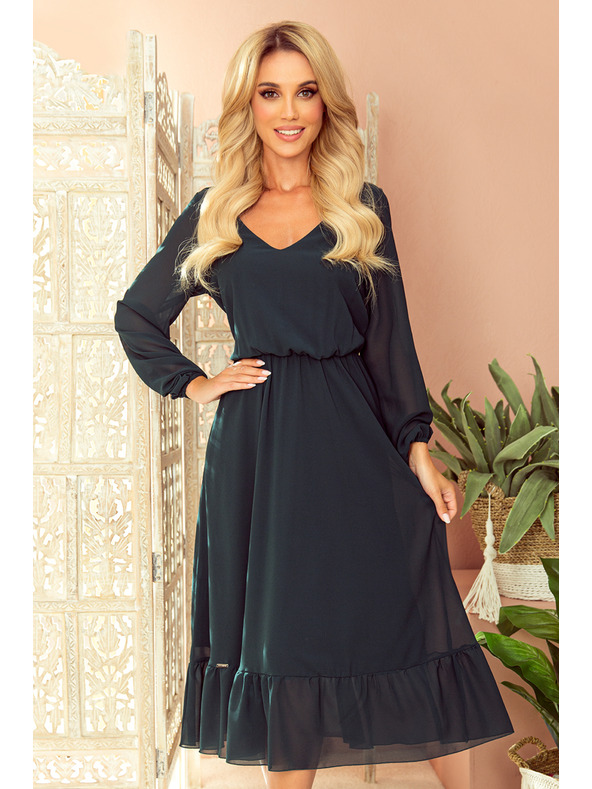 numoco Šifónové midi šaty s výstrihom a golierom - zelené