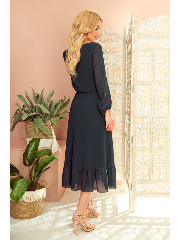 numoco Šifónové midi šaty s výstrihom a golierom - zelené