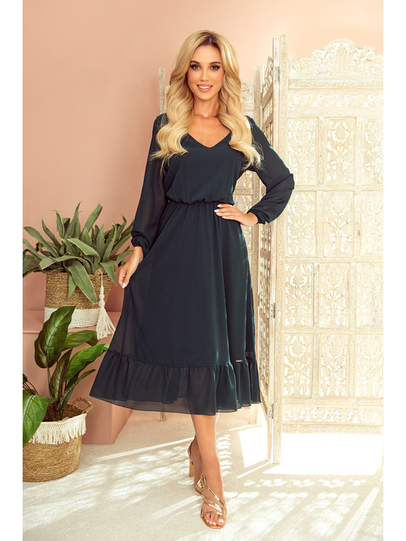 numoco Šifónové midi šaty s výstrihom a golierom - zelené