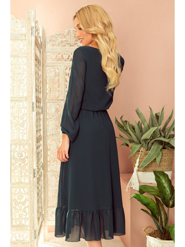 numoco Šifónové midi šaty s výstrihom a golierom - zelené