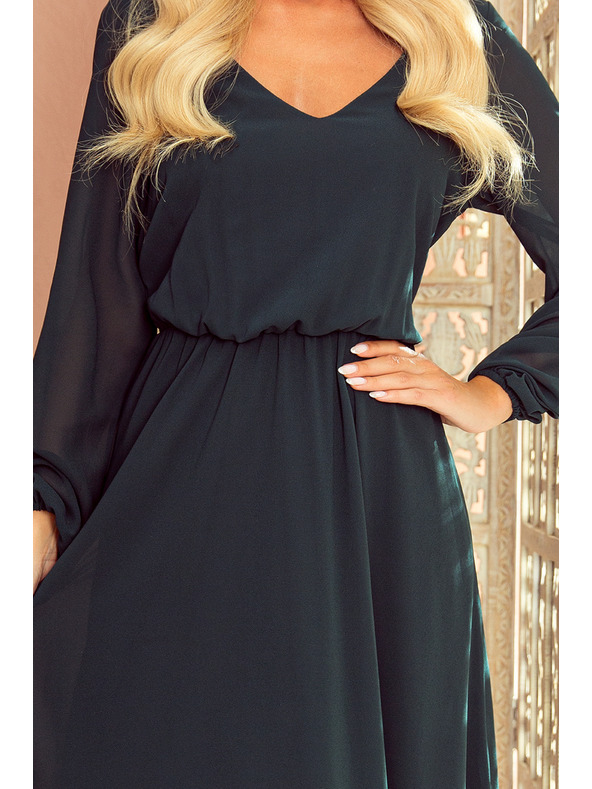 numoco Šifónové midi šaty s výstrihom a golierom - zelené