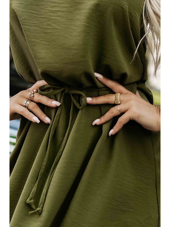 numoco VICTORIA Trapézové šaty bez rukávov so zaviazaním v páse - khaki