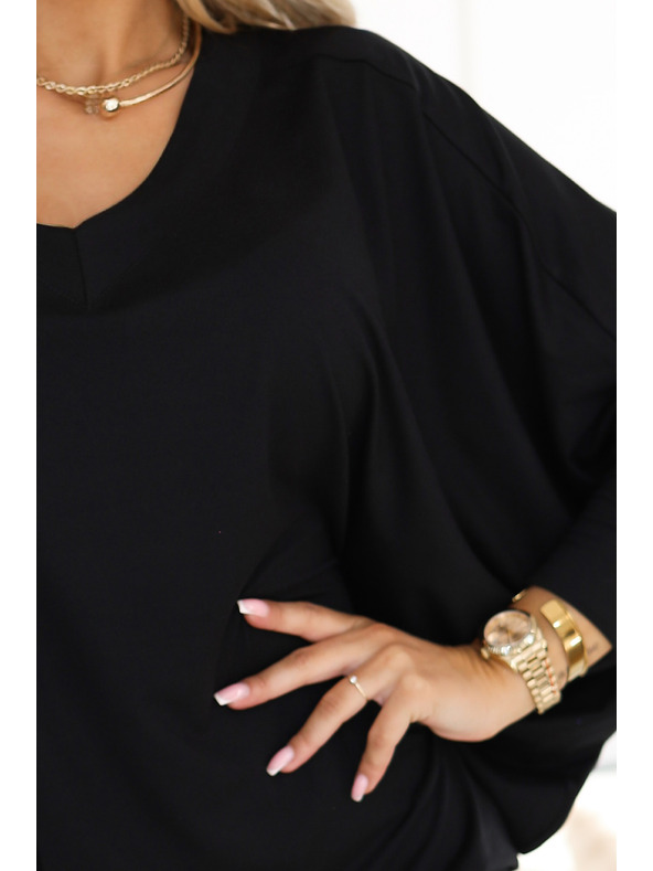 numoco Pohodlné netopierové šaty s dlhým rukávom - čierne