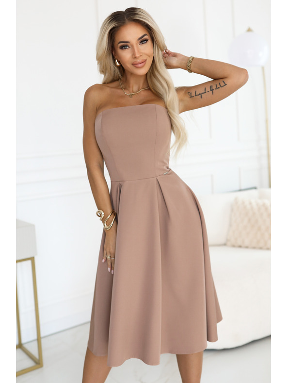 numoco VIVIENNE midi šaty s korzetom a rozšírenými ramienkami pre zvláštne príležitosti - béžové
