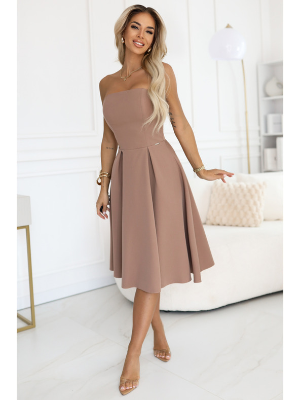numoco VIVIENNE midi šaty s korzetom a rozšírenými ramienkami pre zvláštne príležitosti - béžové