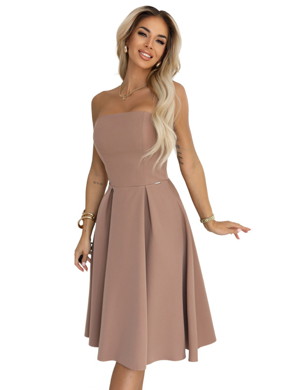 numoco VIVIENNE midi šaty s korzetom a rozšírenými ramienkami pre zvláštne príležitosti - béžové