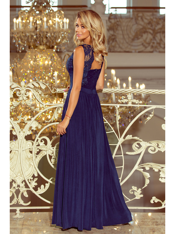 numoco LEA dlhé šaty s vyšívaným výstrihom - tmavomodré